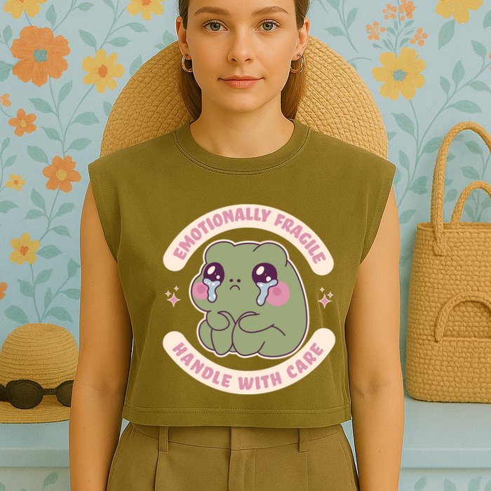 Emotionally Fragile Handle With Care Cute Crying Frog Garment-Dyed Women's Muscle Tee