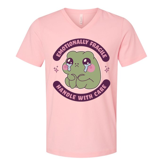 Emotionally Fragile Handle With Care Cute Crying Frog V-Neck T-Shirt