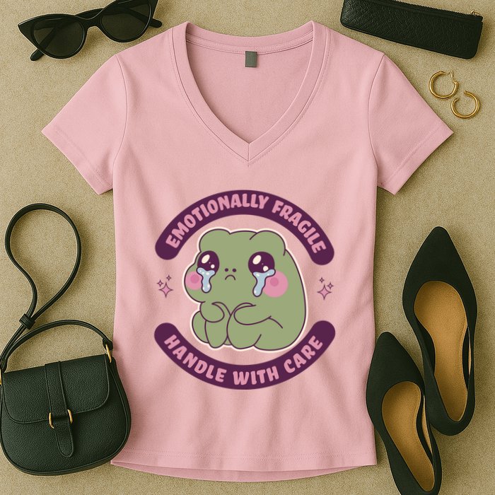 Emotionally Fragile Handle With Care Cute Crying Frog Women's V-Neck T-Shirt