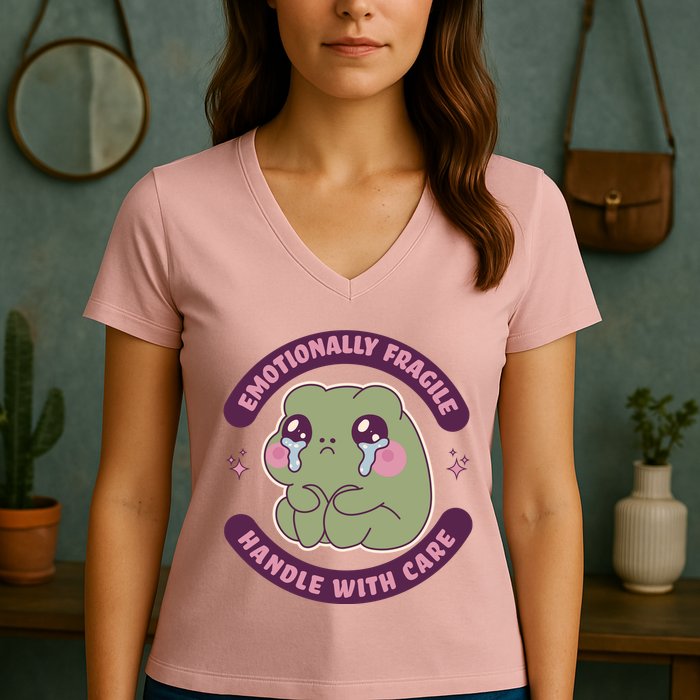 Emotionally Fragile Handle With Care Cute Crying Frog Women's V-Neck T-Shirt