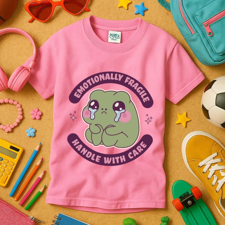 Emotionally Fragile Handle With Care Cute Crying Frog Kids T-Shirt