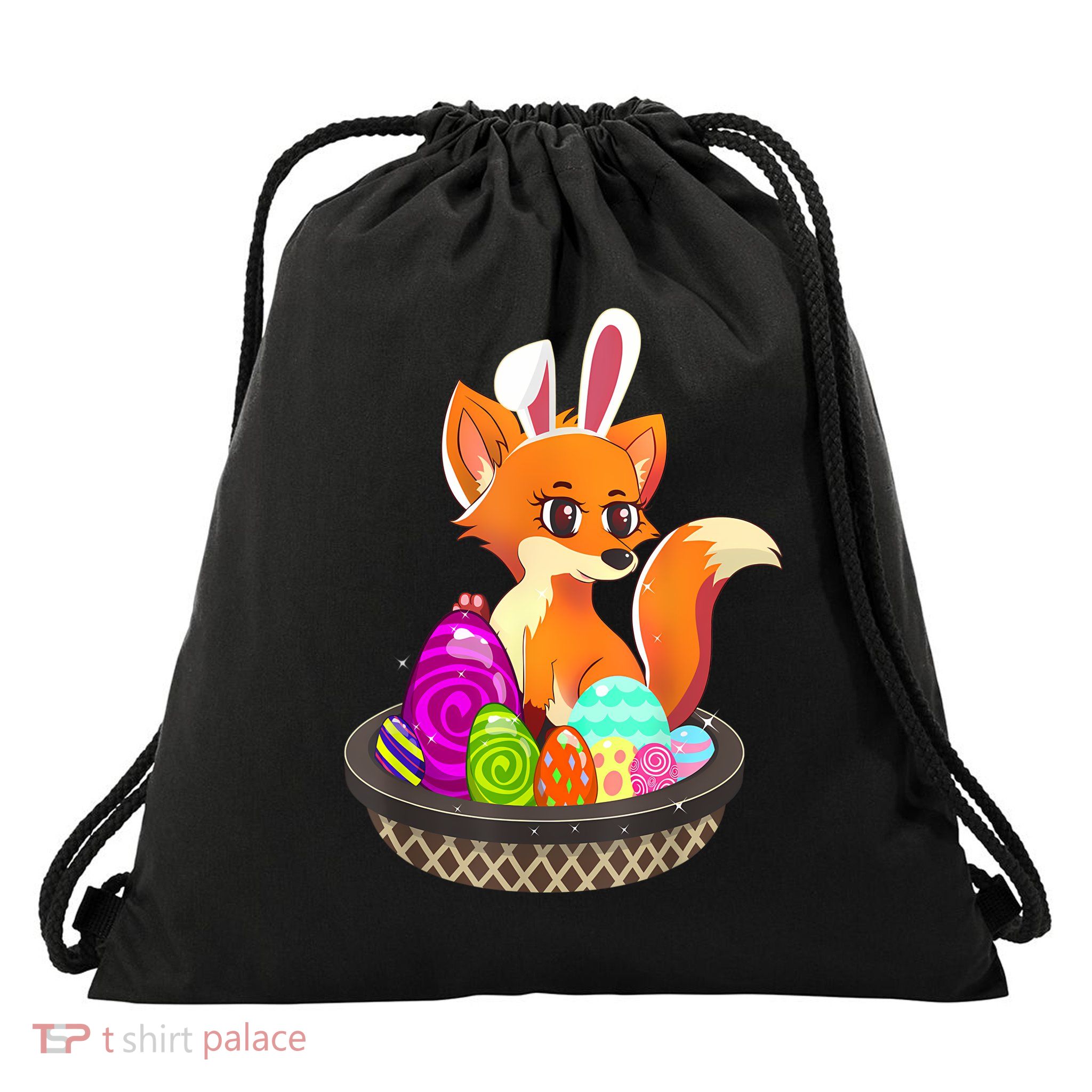 Easter Fox Holiday Bunny Ears Color Egg Hunt Drawstring Bag