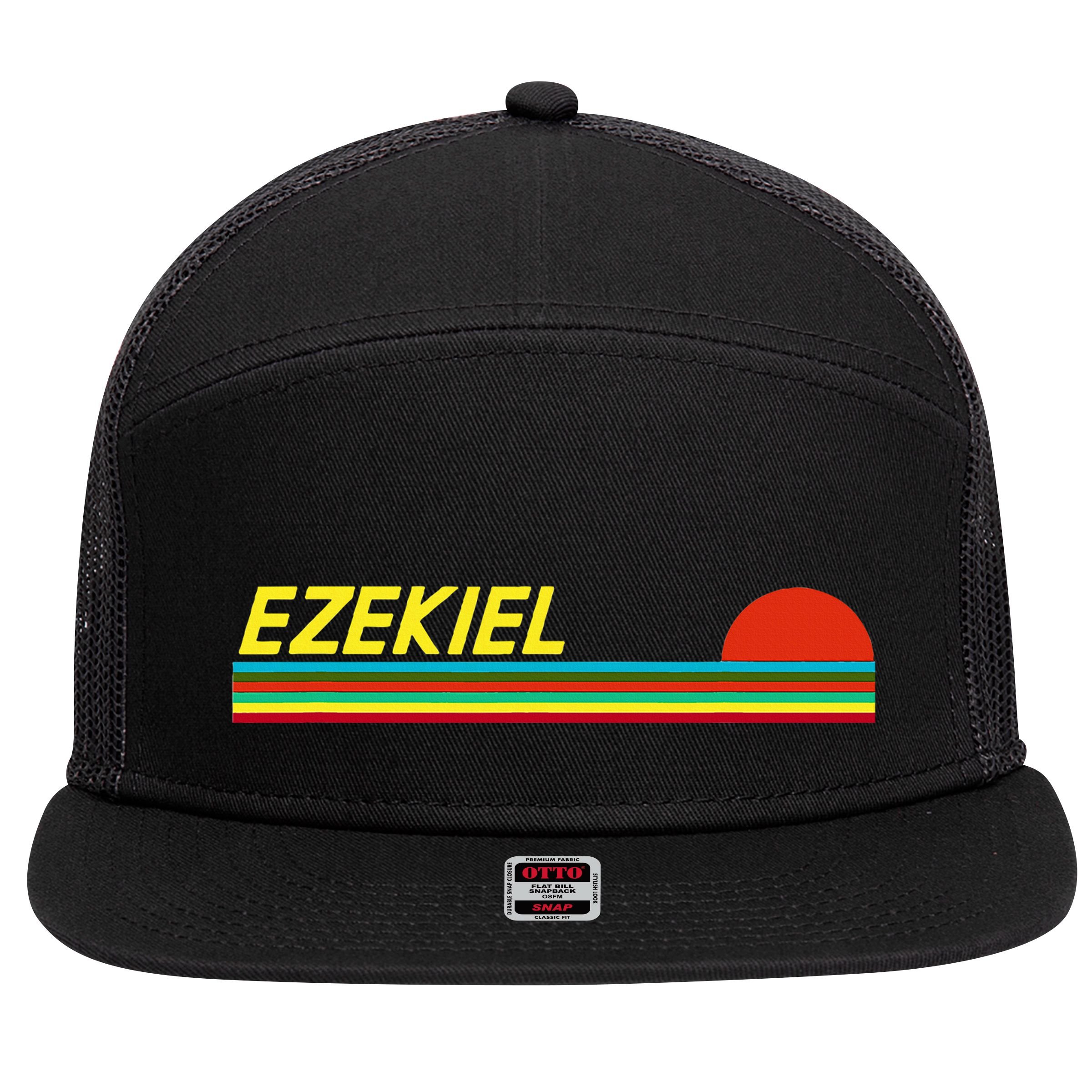 Ezekiel First Name Logo Retro Sunset Surfer Style Ezekiel 7 Panel Mesh Trucker Snapback Hat