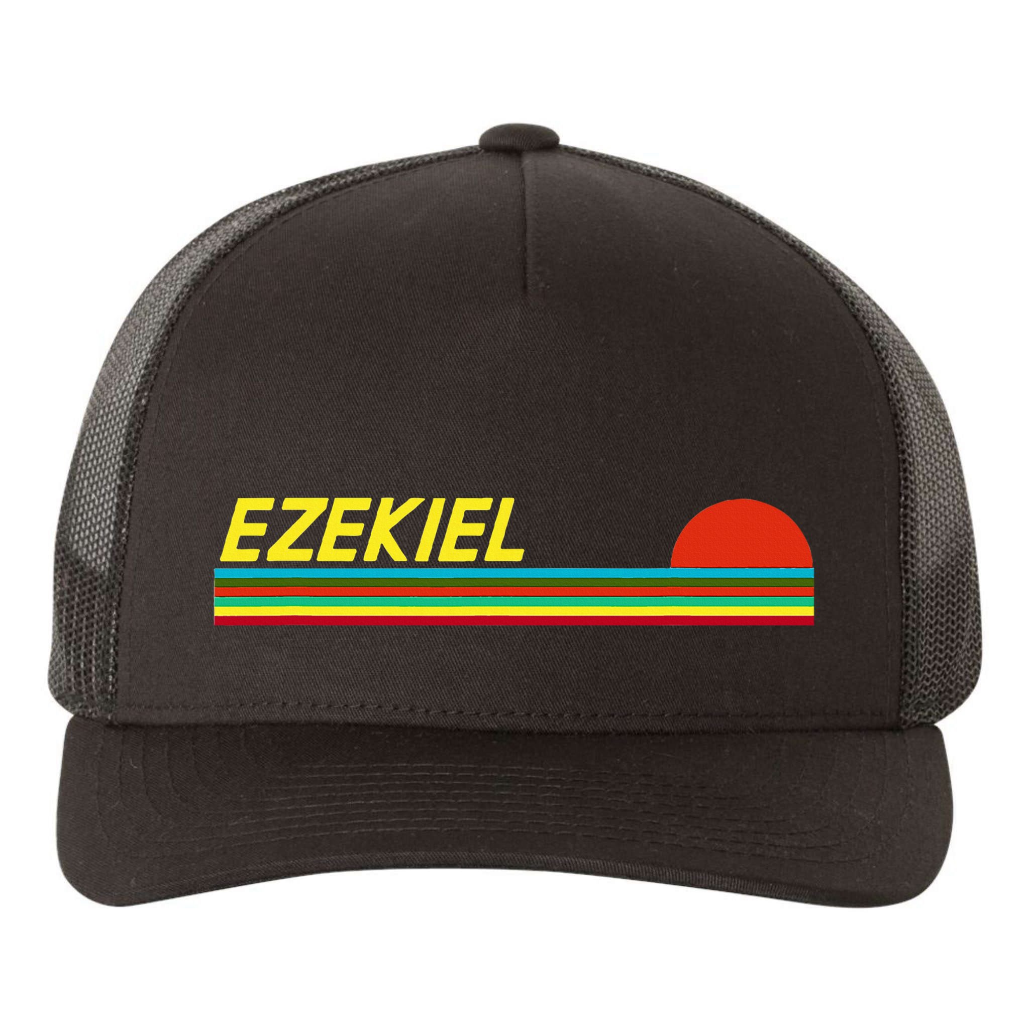 Ezekiel First Name Logo Retro Sunset Surfer Style Ezekiel Yupoong Adult 5-Panel Trucker Hat