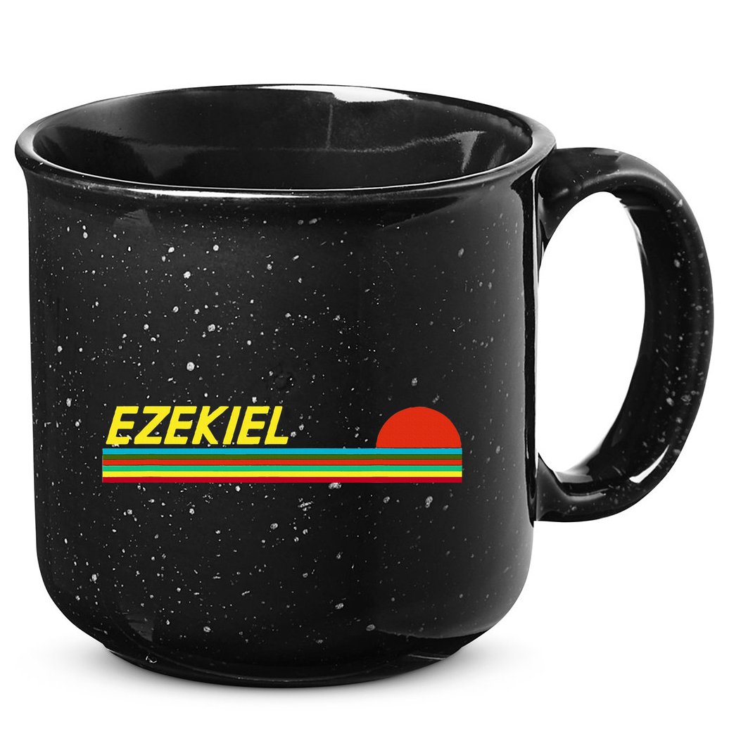 Ezekiel First Name Logo Retro Sunset Surfer Style Ezekiel 15oz Campfire Ceramic Mug