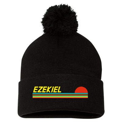 Ezekiel First Name Logo Retro Sunset Surfer Style Ezekiel Pom Pom 12in Knit Beanie