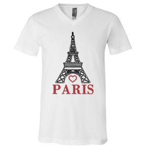 Embroidered France Paris Eiffel Tower Embroidery V-Neck T-Shirt