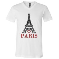 Embroidered France Paris Eiffel Tower Embroidery V-Neck T-Shirt