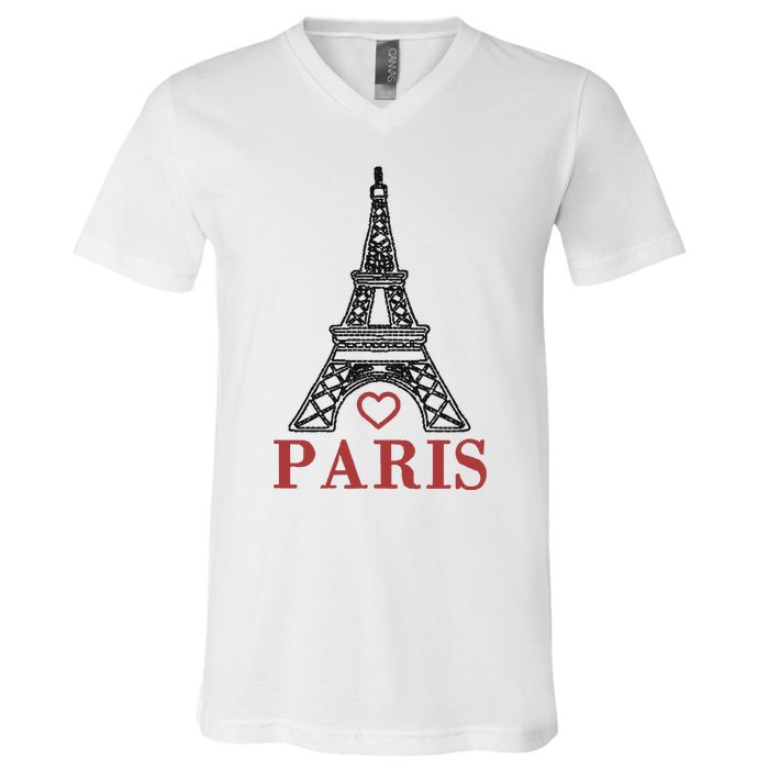 Embroidered France Paris Eiffel Tower Embroidery V-Neck T-Shirt