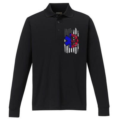 EMT Firefighter Paramedic Fireman EMS American Flag Performance Long Sleeve Polo