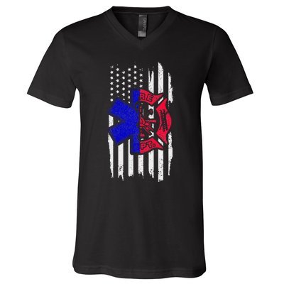 EMT Firefighter Paramedic Fireman EMS American Flag V-Neck T-Shirt