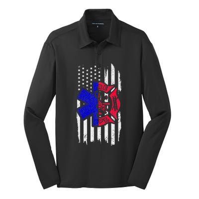 EMT Firefighter Paramedic Fireman EMS American Flag Silk Touch Performance Long Sleeve Polo