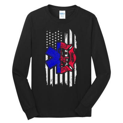 EMT Firefighter Paramedic Fireman EMS American Flag Tall Long Sleeve T-Shirt