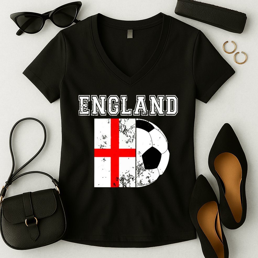 England Flag Soccer Futbol Football Women's V-Neck T-Shirt