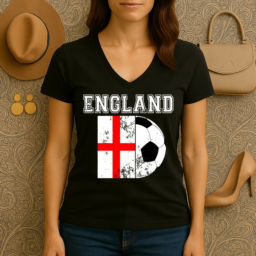 England Flag Soccer Futbol Football Women's V-Neck T-Shirt