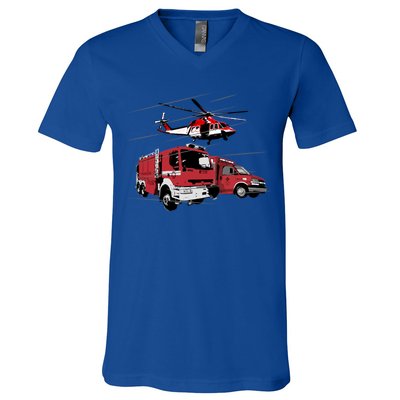 Ems Fire Truck Ambulance Rescue Helicopter Gift Cool Gift V-Neck T-Shirt