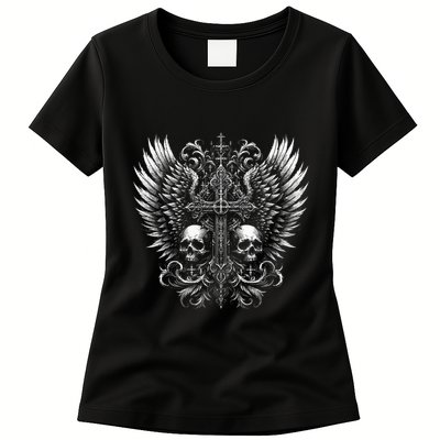 Emo Grunge Aesthetic Alt Goth Skull Cross Gothic Womens T-Shirt