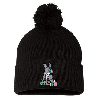 Easter Gamer Bunny Rabbit Video Gaming Grey Easter Bunnies Pom Pom 12in Knit Beanie