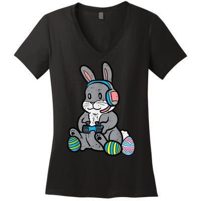 Easter Gamer Bunny Rabbit Video Gaming Grey Easter Bunnies Women's V-Neck T-Shirt