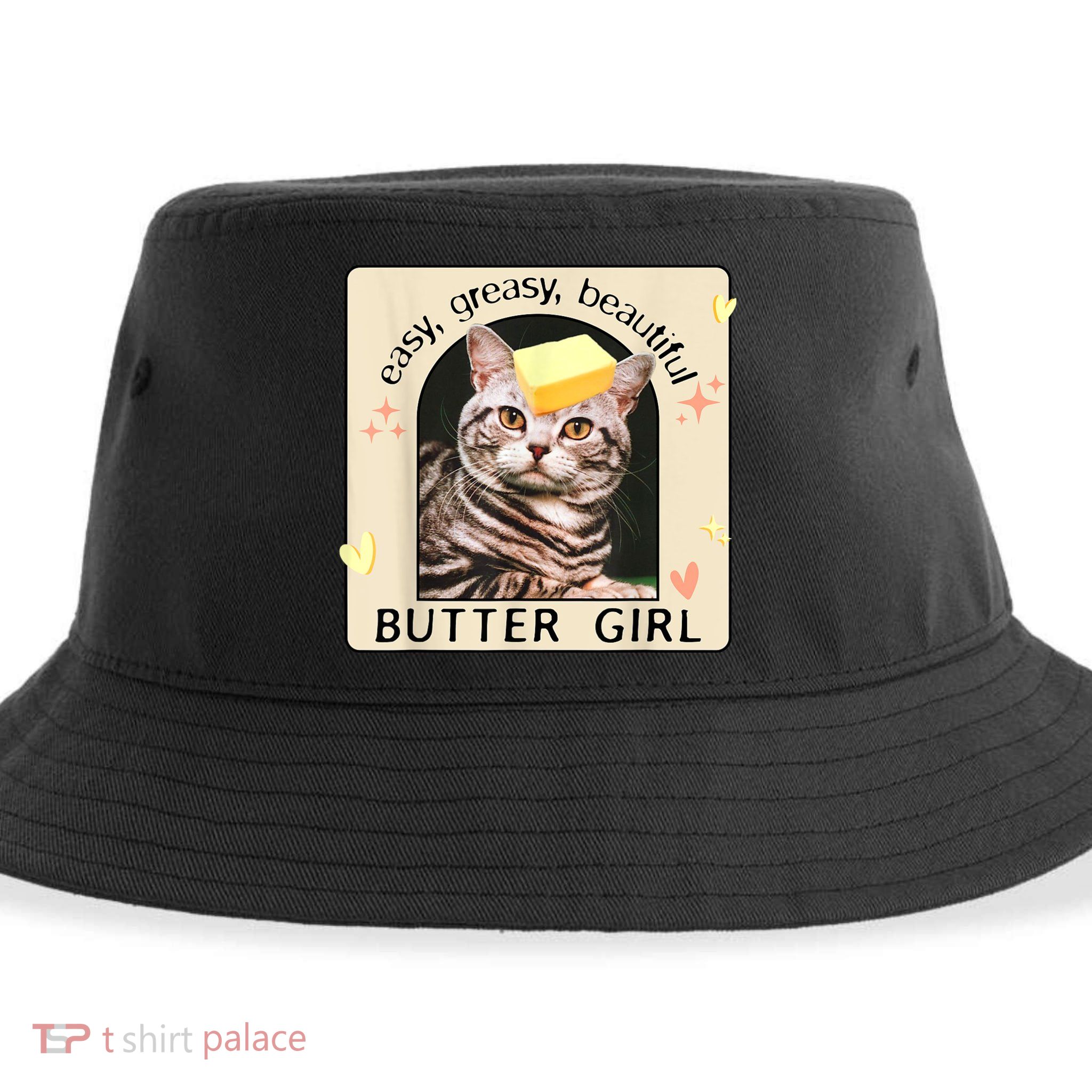 Easy Greasy Beautiful Butter Girl Cat Graphic Sustainable Bucket Hat