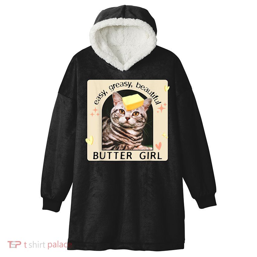 Easy Greasy Beautiful Butter Girl Cat Graphic Hooded Wearable Blanket