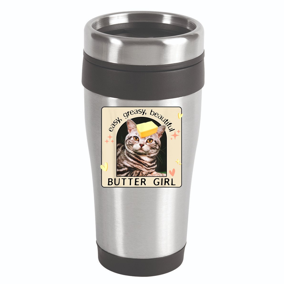 Easy Greasy Beautiful Butter Girl Cat Graphic 16oz Travel Tumbler