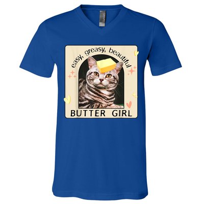 Easy Greasy Beautiful Butter Girl Cat Graphic V-Neck T-Shirt