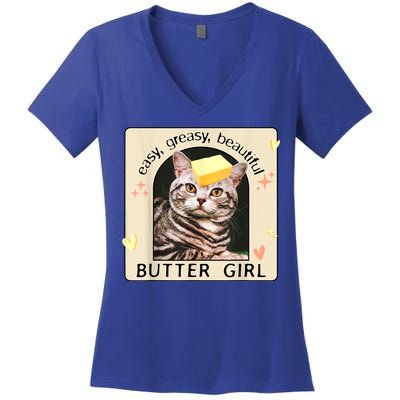 Easy Greasy Beautiful Butter Girl Cat Graphic Women's V-Neck T-Shirt