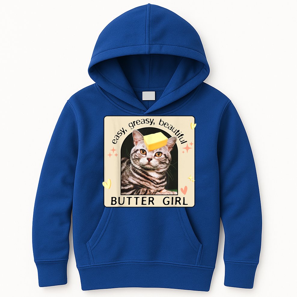 Easy Greasy Beautiful Butter Girl Cat Graphic Kids Hoodie