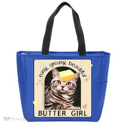 Easy Greasy Beautiful Butter Girl Cat Graphic Zip Tote Bag