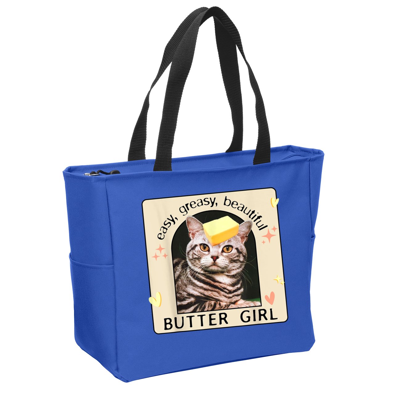 Easy Greasy Beautiful Butter Girl Cat Graphic Zip Tote Bag