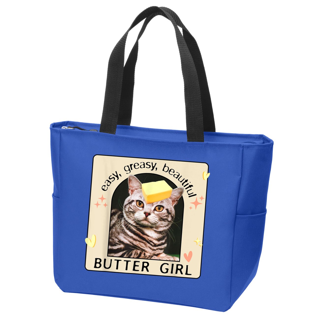 Easy Greasy Beautiful Butter Girl Cat Graphic Zip Tote Bag