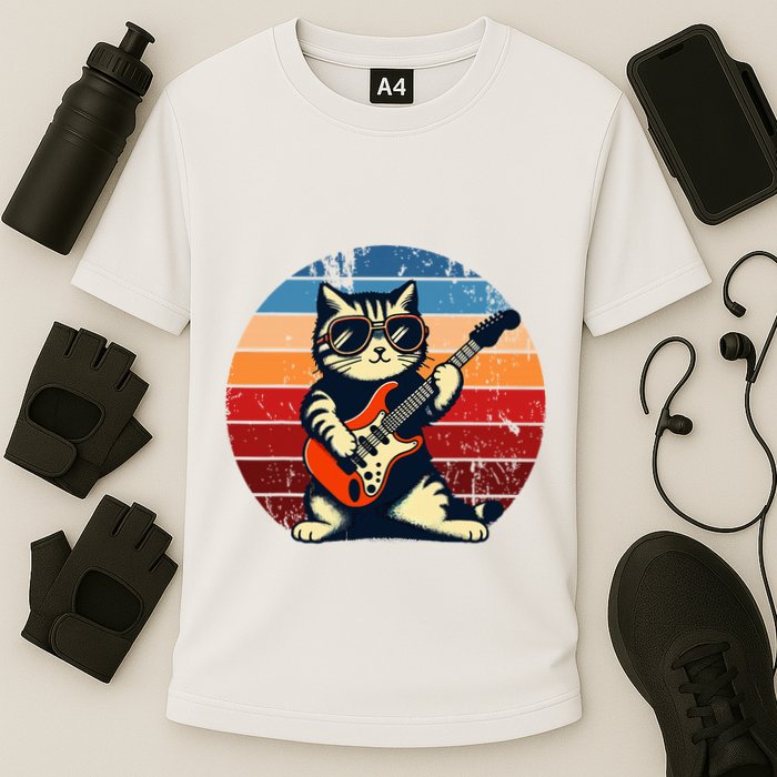 Electric Guitar Cat Rock Music Funny Cat Cooling Performance Crew T-Shirt