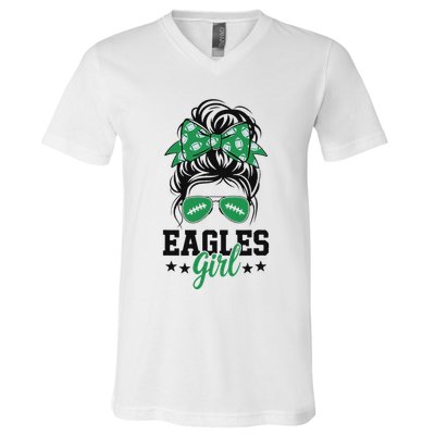 Eagles Girl Messy Bun V-Neck T-Shirt