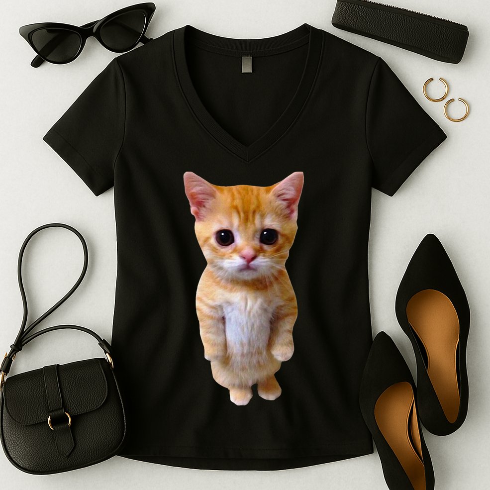 El Gato Meme Sad Crying Cat Munchkin Kitty Meme Trendy Women's V-Neck T-Shirt