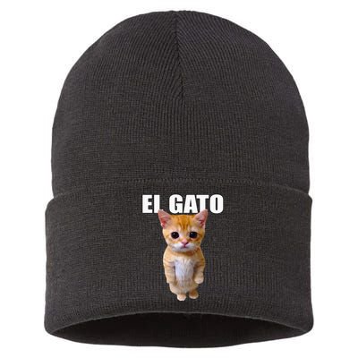 El Gato Meme Sad Crying Cat Munchkin Kitty Meme Trendy Sustainable Knit Beanie