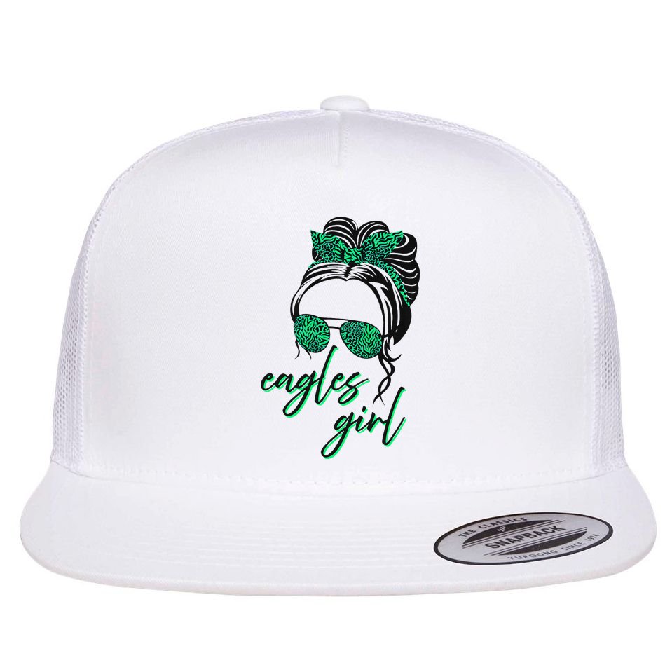 Eagles Girl Messy Bun Flat Bill Trucker Hat