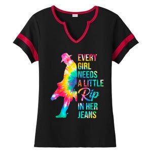 Every Girl Needs A Little Rip In Her Jeans Funny Quotes Ladies Halftime Notch Neck Tee