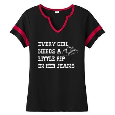 Every Girl Needs A Little Rip In Her Jeans Ladies Halftime Notch Neck Tee