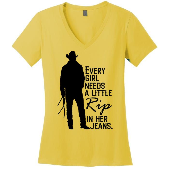 Every Girl Needs A Little RIP In Her Jeans Funny Cowboy Women's V-Neck T-Shirt