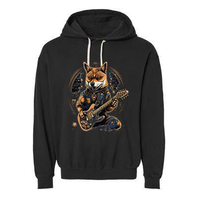 Electric Guitar Rock Music Black and tan Shiba Inu Garment-Dyed Fleece Hoodie