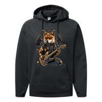 Electric Guitar Rock Music Black and tan Shiba Inu Performance Fleece Hoodie