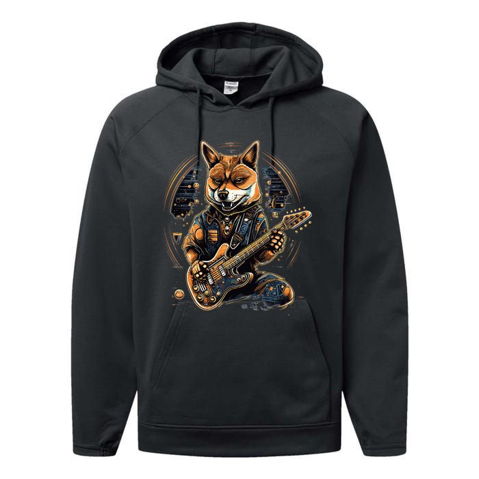 Electric Guitar Rock Music Black and tan Shiba Inu Performance Fleece Hoodie