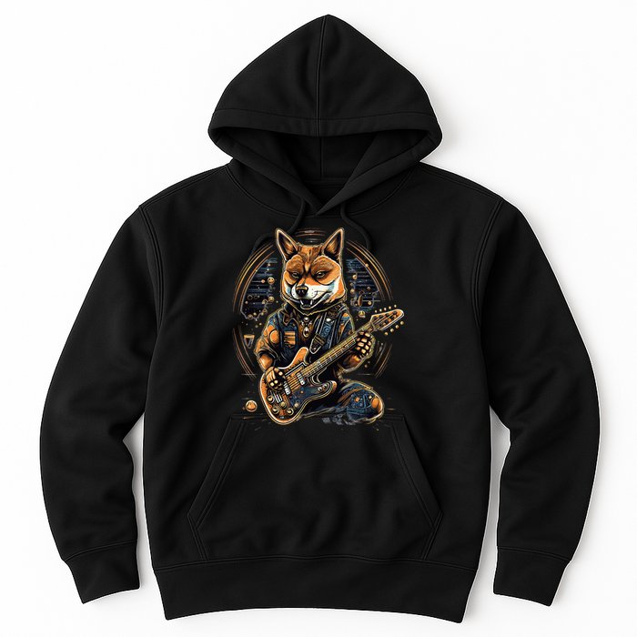 Electric Guitar Rock Music Black and tan Shiba Inu Hoodie