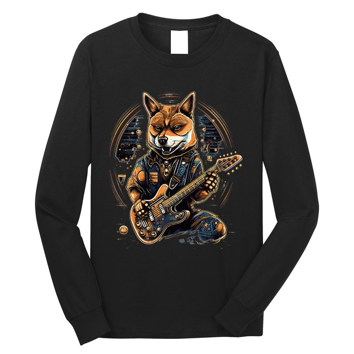 Electric Guitar Rock Music Black and tan Shiba Inu Long Sleeve Shirt