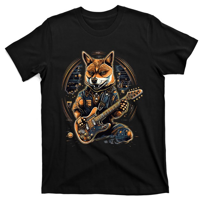 Electric Guitar Rock Music Black and tan Shiba Inu T-Shirt