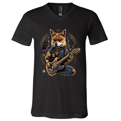 Electric Guitar Rock Music Black and tan Shiba Inu V-Neck T-Shirt