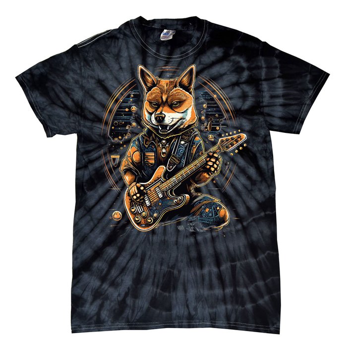 Electric Guitar Rock Music Black and tan Shiba Inu Tie-Dye T-Shirt