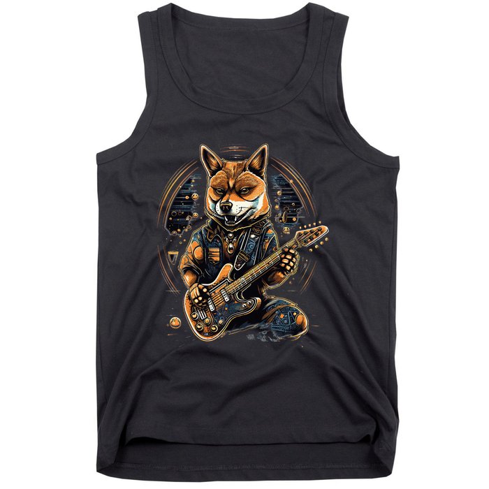 Electric Guitar Rock Music Black and tan Shiba Inu Tank Top