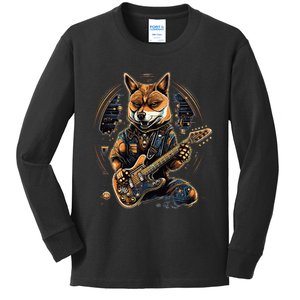 Electric Guitar Rock Music Black and tan Shiba Inu Kids Long Sleeve Shirt